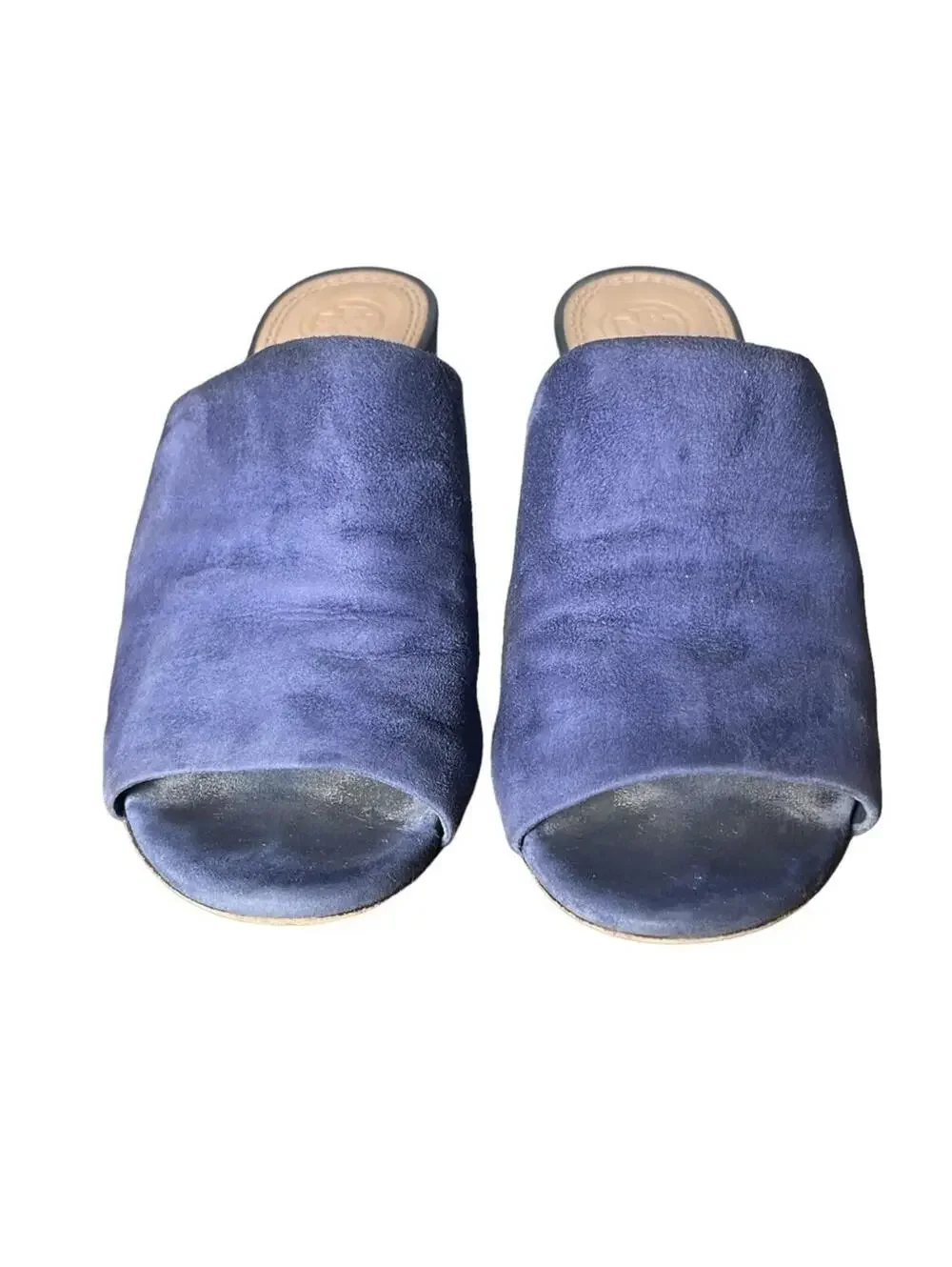 Tory Burch Salinas Navy Blue Suede Block Heel Mules 6.5